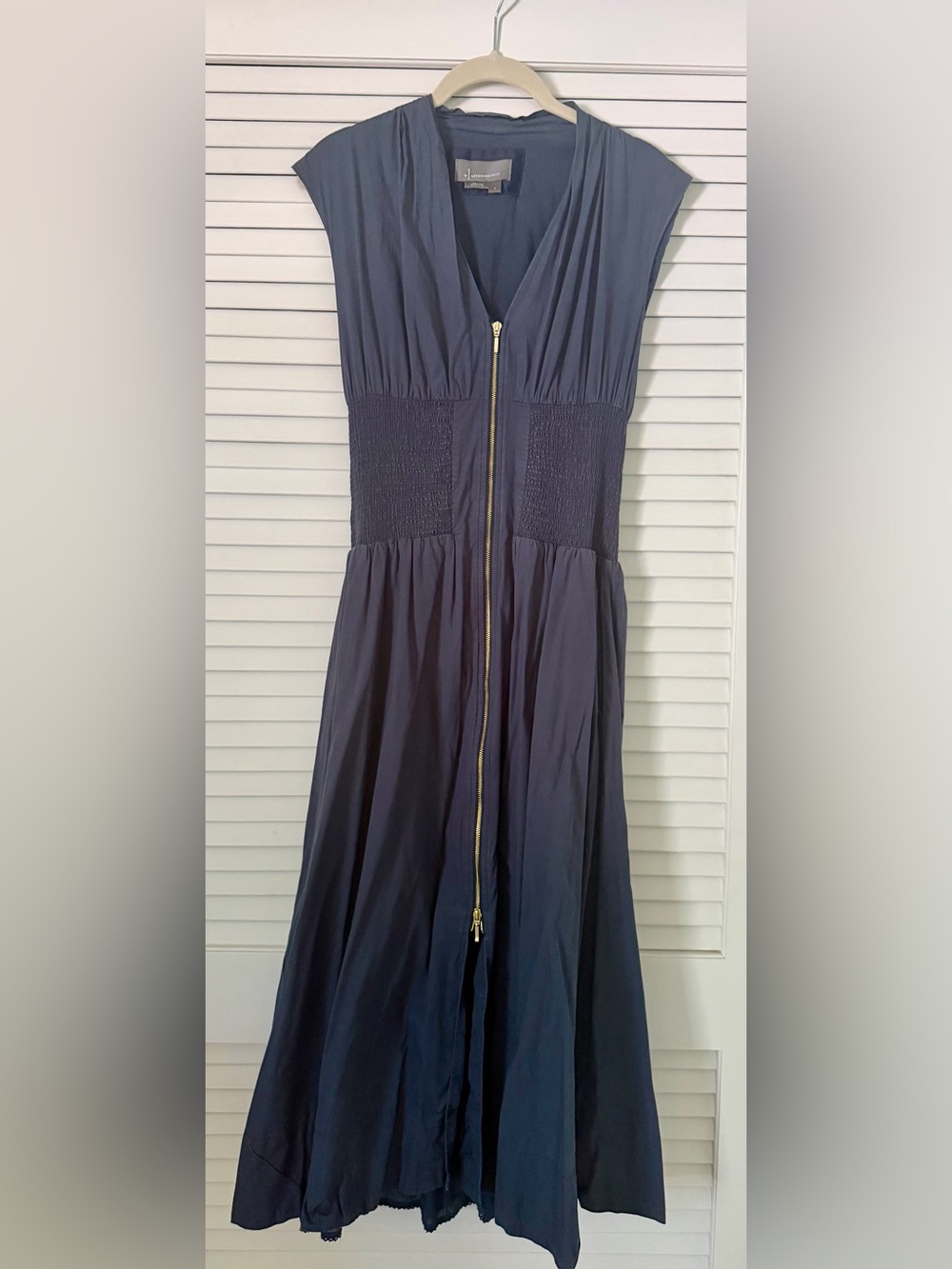 Anthropologie Maeve Tommie Zip-Front Midi Dress Small Navy Storm Smocked